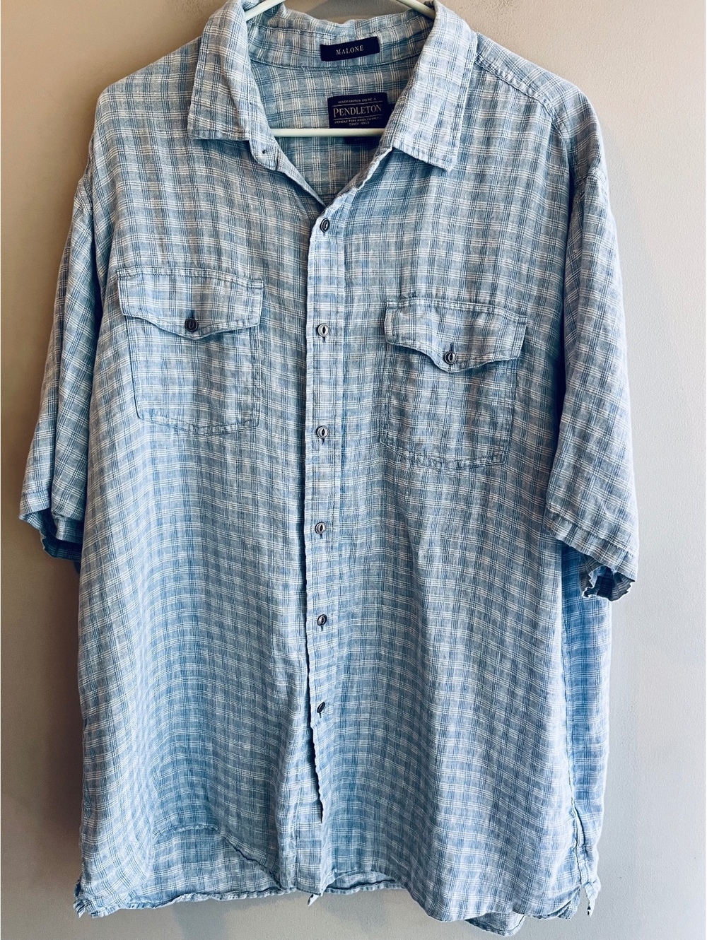 Pendleton Malone Men's Short Sleeve Plaid Linen Shirt Blue Gray Size XL